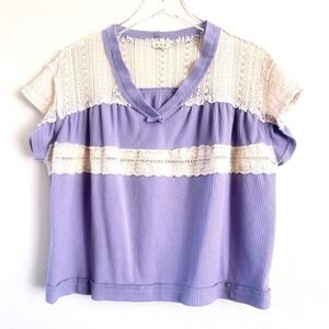 POL Clothing Boho Lavender Waffle Knit V-Neck Lace Accent Short Sleeve Top